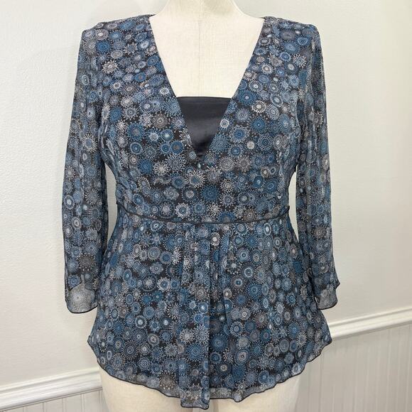 Nine West Size 14 Top Y2K Vintage 100% Silk Babydoll Semi Sheer Geometric Floral - Picture 1 of 16
